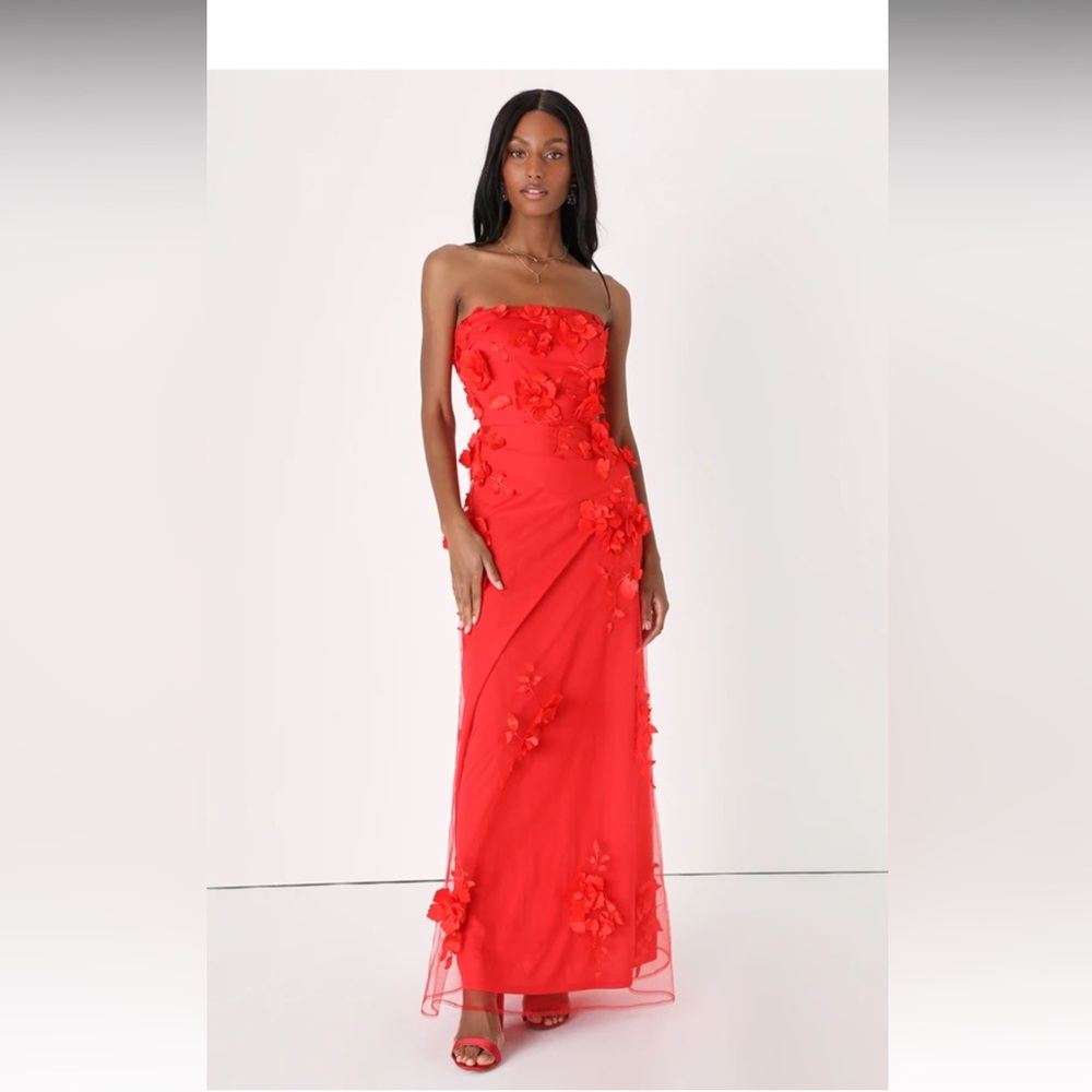 Lulus Remarkable Refinement Red Floral Strapless Maxi Dress
